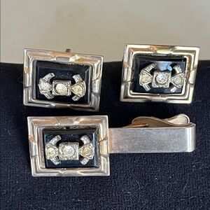 Elegant Black and Silver Cufflinks and Tie Clip Set